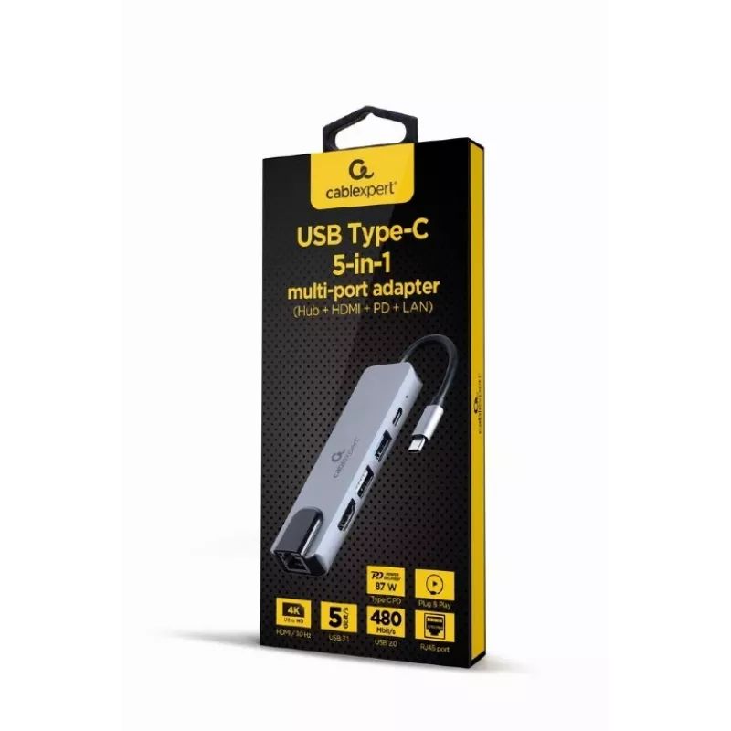 Dock klēpjdatoram Gembird A-CM-COMBO5-04 — USB 3.2 Gen 1 Type-C, 5 Gbit/s, PD 87 W, HDMI, Ethernet, USB-A