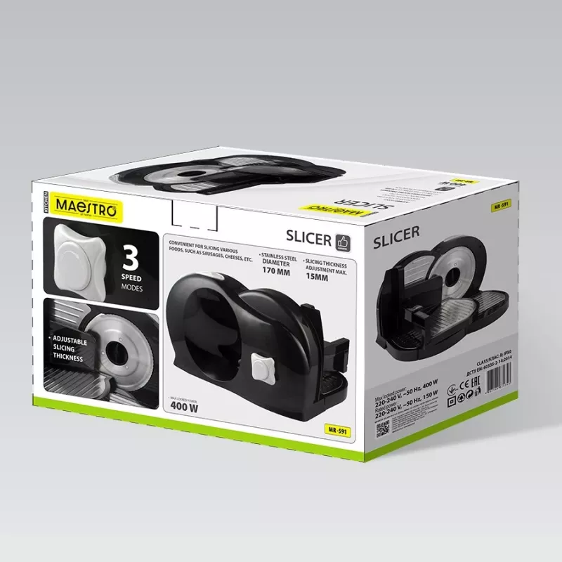 Pārtikas šķēlējs Maestro MR-591 — elektrisks virtuves šķēlējs, modelis MR-591, melns
