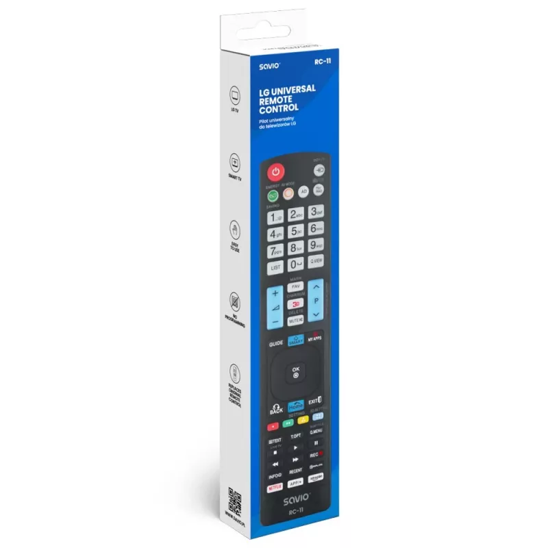SAVIO RC-11 infrasarkanais tālvadības pults LG TV, melna, darbības rādiuss 10 m, atbalsta 1 ierīci