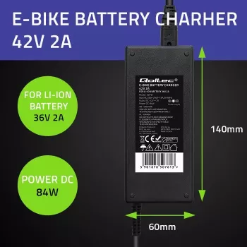 Qoltec 50761 Lādētājs e-velosipēda akumulatoram 36V | 42V | 2A | 5.5*2.5