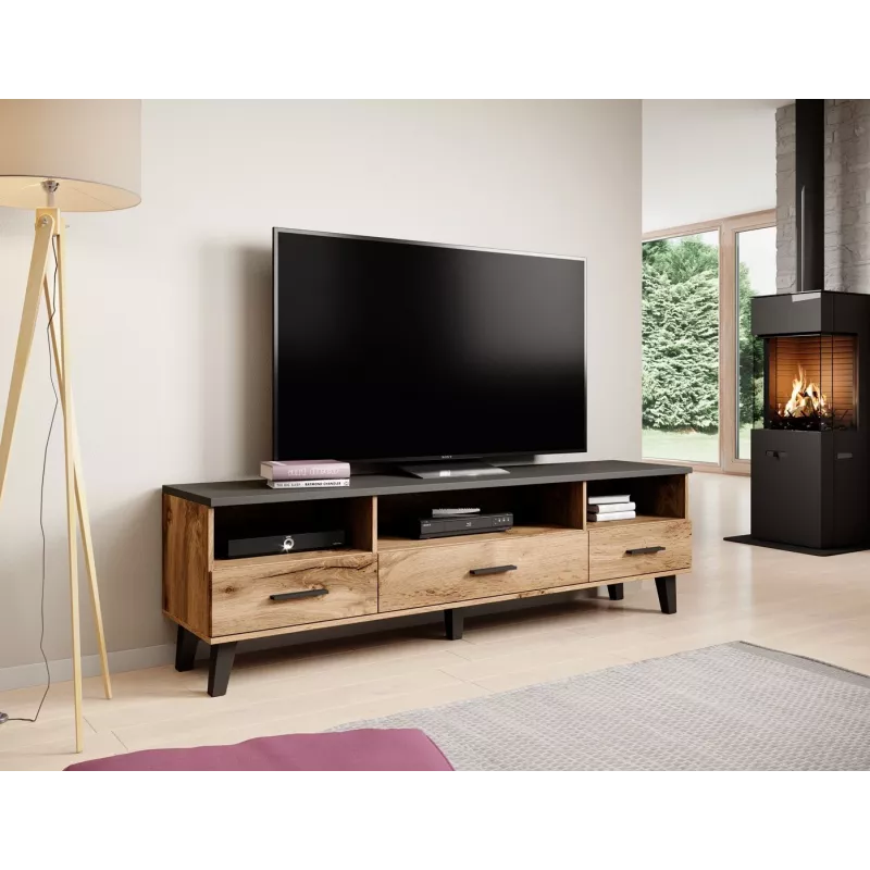 TV statīvs Cama Meble LOTTA 180 cm – Wotan ozola rāmis, matēti melna skaidu plātnes virsma, 1800×400×530 mm