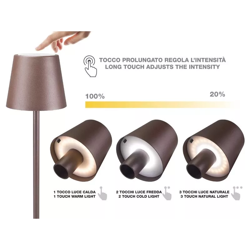Beper P201UTP113 uzlādējams galda gaismeklis, skārienvadība, 2 W, 2000 mAh, Corten tērauds