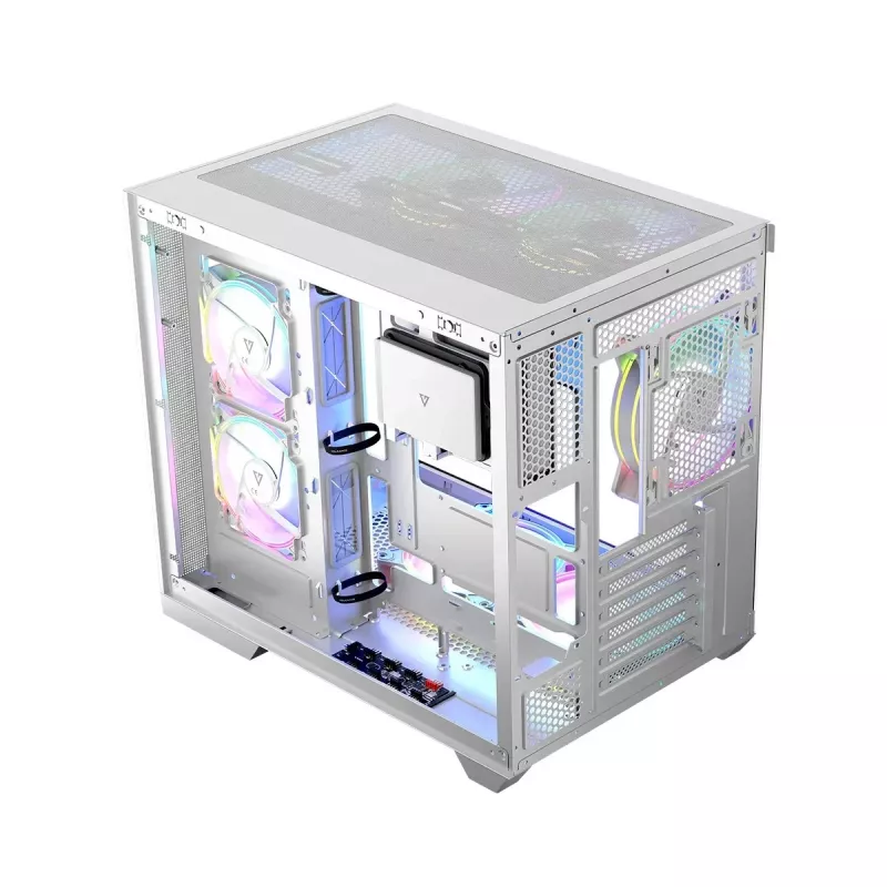 PC korpuss MODECOM Volcano Panorama Midi Tower balts — micro ATX, rūdīts stikls, ARGB, USB-C, atbalsta GPU līdz 400 mm