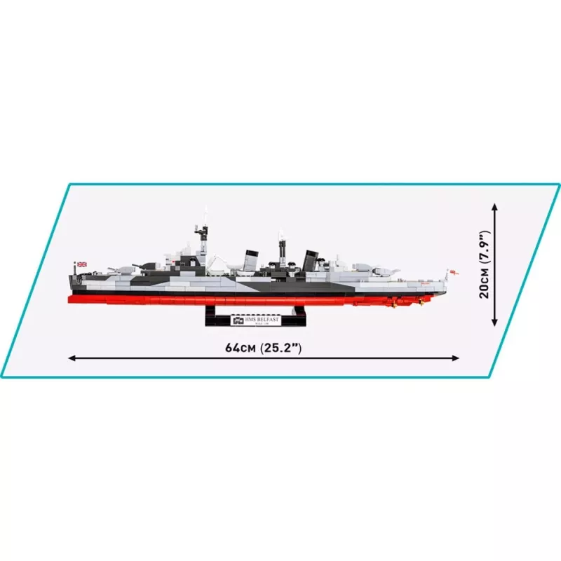 Būvējams modelis Cobi HMS Belfast 1:300 mēroga COBI-4844, vēsturiskā Karaliskā flotes vieglā kreisera displeja modelis