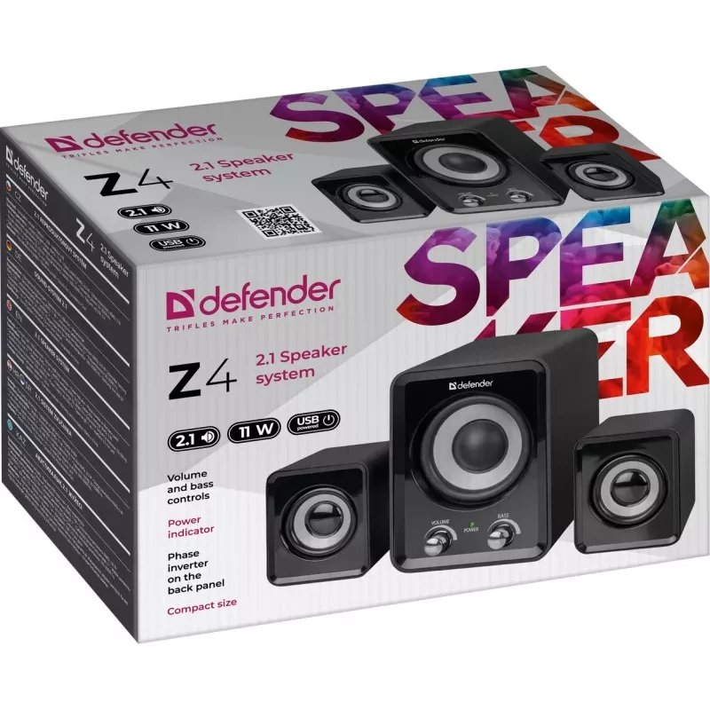 DEFENDER Z4 vadu 2.1 skaļruņi, 11 W RMS, melni, USB 5V barošana, 3.5 mm austiņu izeja
