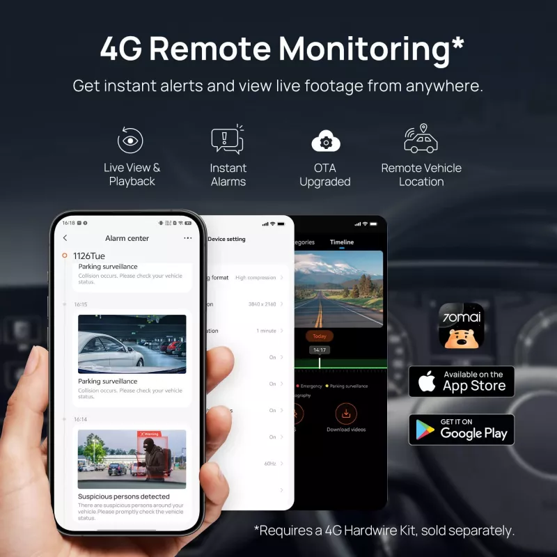 70mai A810S 4K Ultra HD auto reģistrators, 3840×2160, 146° skata leņķis, 3 collu IPS, Wi‑Fi 6, GPS, MicroSD līdz 512 GB, cigarešu šķiltavas barošana