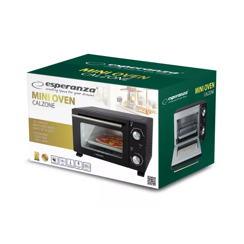 Mini krāsns ESPERANZA EKO007N, 10 L, 800 W, melna, max 250°C, mehāniskais taimeris 30 min