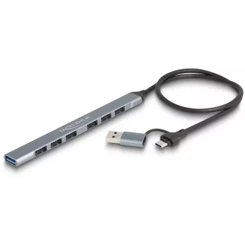 DELOCK 4 Portu Plānais USB Hubs — USB 3.2 Gen 1 Host Type-C, 3× USB 5 Gbps Type-C + 1× USB 5 Gbps Type-A, Pelēks, Metāls
