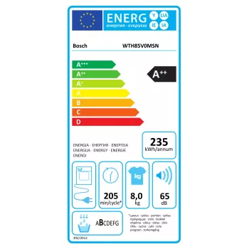 Bosch veļas žāvētājs ar siltumsūkni | WTH85V0MSN | E enerģijas klase | Priekšējā ielāde | 8 kg | LED | Dziļums 61 cm | Balts