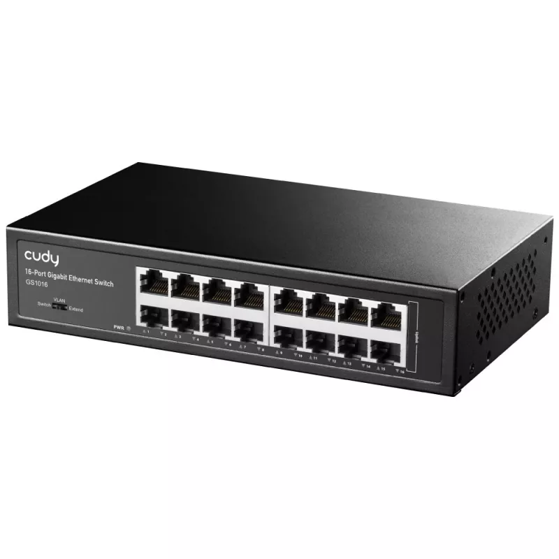 Tīkla slēdzis Cudy GS1016 — 16 portu Gigabit Ethernet (10/100/1000), 32 Gbit/s komutācija, montējams statīvā, barošana no tīkla