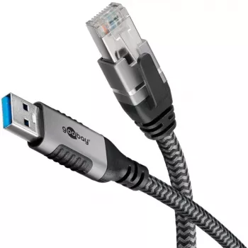 USB-A 3.2 Gen1 uz RJ-45 tīkla adaptera kabelis, 5 m, pīts tekstila apvalks, melns/sudrabs