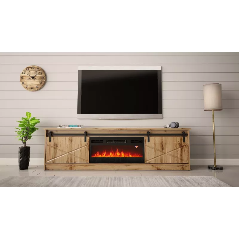 TV skapis Cama Meble GRANERO ar kamīna moduli, Wotan ozols, 2000×350×567 mm, 2 durvis, 2 plaukti