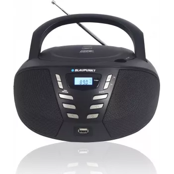 Pārnēsājams CD atskaņotājs Blaupunkt BB7BK — MP3, FM radio, USB, AUX, baterijas, 2x iebūvēti skaļruņi, 240×230×128 mm