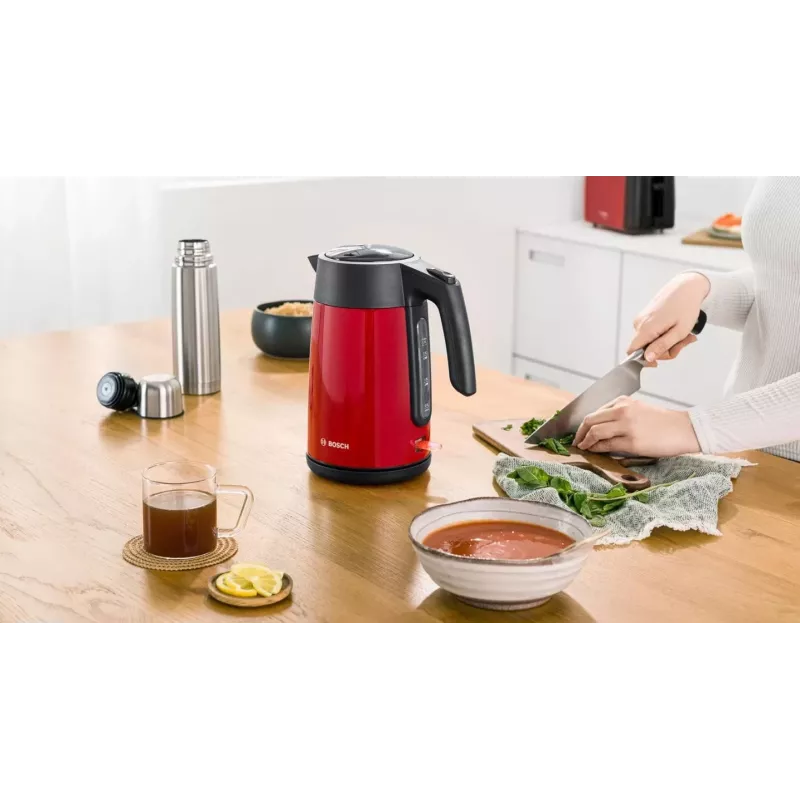 Elektriskā tējkanna Bosch TWK7L464 — 1,7 L, 2400 W, sarkana, plastmasas korpuss
