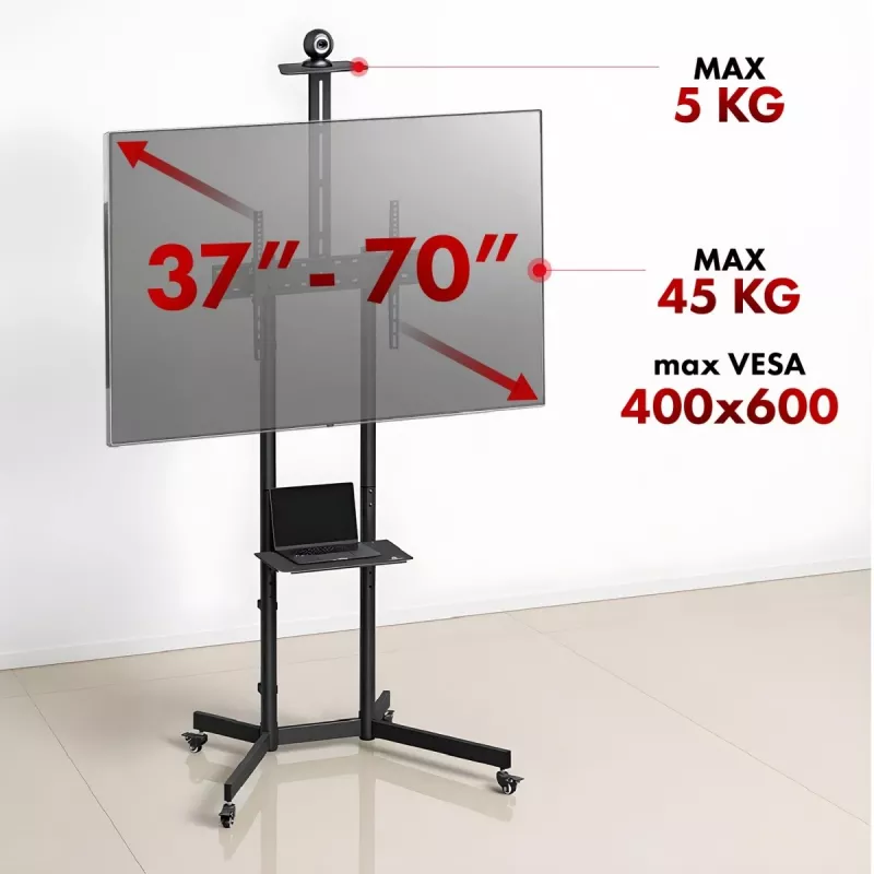 Maclean TV statīvs/ratiņi, kameras plaukts, uz riteņiem, 37-70 inch, max slodze 45kg/5kg plaukts, max. VESA 600x400, MC-113 B