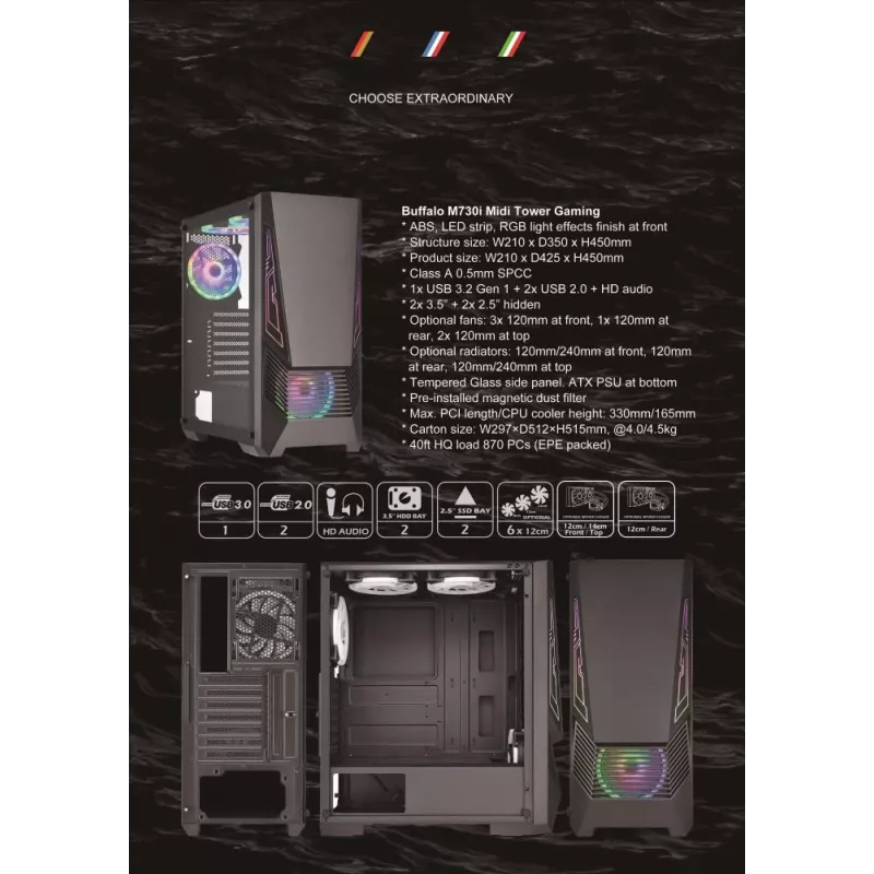 Korpuss GOLDEN TIGER Buffalo M730i Melns Midi Tower ATX/micro ATX BUFFALOM730I