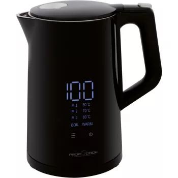 Elektriskā tējkanna ProfiCook PCWKS1243 — 1,7 L, 2200 W, temperatūras kontrole 50–100°C, melna