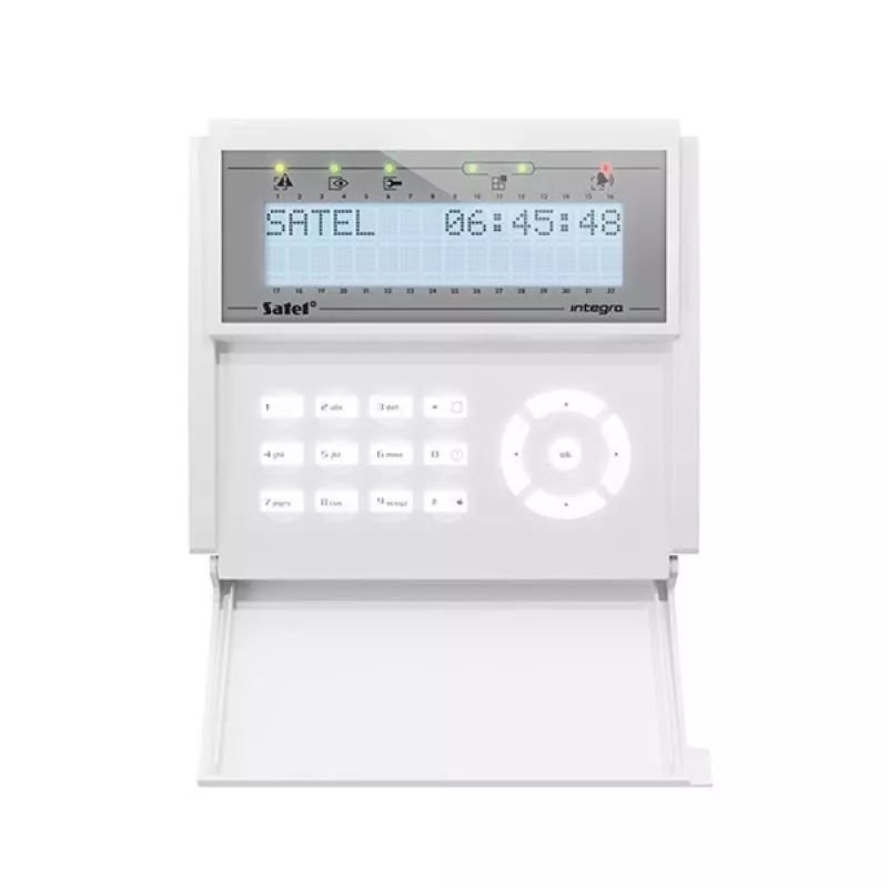 Signalizācijas LCD tastatūra Satel INT-KLCD-W sistēmai INTEGRA ar baltu fona apgaismojumu, baltā krāsā