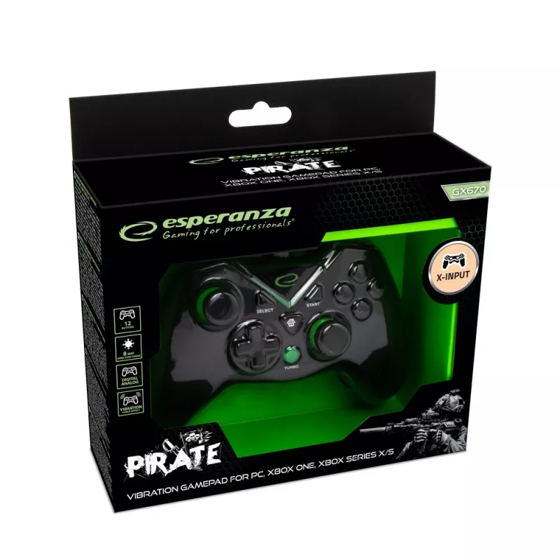 Esperanza EGG114K Pirate spēļu pults, USB 2.0, analogā/digitālā, PC, Xbox One, Xbox Series X/S, melna