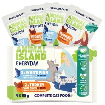 Slapjā barība kaķiem animal island Everyday Tītars un Baltās zivs filejas buljonā 4×85 g paciņas