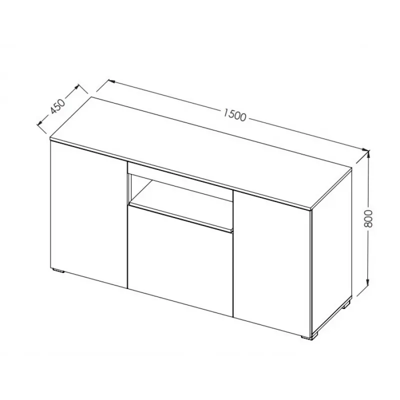 Sideboard Cama Meble VIVA 150 — balts/matēts balts un sonoma ozols, 3 durvis, 5 plaukti, 1500×450×800 mm