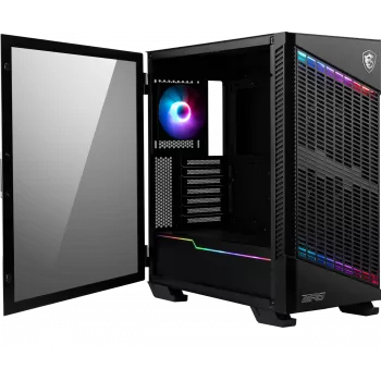 MSI MPG VELOX 100P AIRFLOW Mid Tower Gaming korpuss 'Melns, 3x 120mm ventilators + 1x 120mm ARGB ventilators, ARGB gaismas josla, USB Type-C, 1x rūdīts stikls, Centrs, E-ATX, ATX, mATX, mini-ITX'