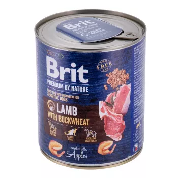 Brit Premium by Nature mitrā suņu barība ar jēru un griķiem 800 g, bezgraudu, pieaugušiem suņiem, konservs