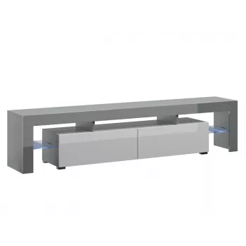 TV statīvs Cama Meble TORO 200 — 2000×350×410 mm, pelēka skaidu plātnes virsma, pelēks/balts spīdums