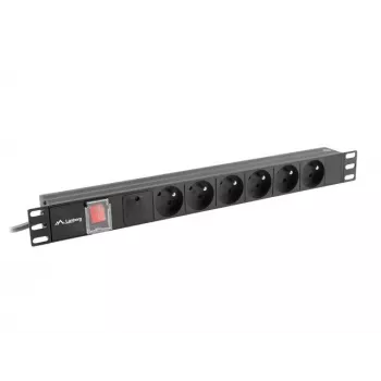 Strāvas sadales bloks LANBERG PDU-06E-0200-BK — 6x E tipa kontaktligzdas, 16 A, 2 m kabelis, 1U, 220–250 V
