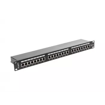 Patch panel 1U LANBERG PPS5-1024-B — 24 portu RJ-45 Cat5, metāls, melns, stiprināšana statīvā