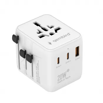 Ceļojumu lādētājs GEMBIRD TPA-1A2C20-01-W — 20 W, USB-A (18 W) + 2× USB-C (20 W), E tipa kontaktdakša, balts