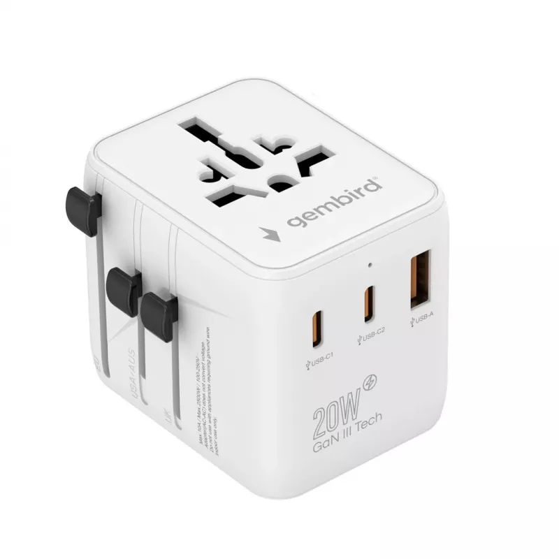 Ceļojumu lādētājs GEMBIRD TPA-1A2C20-01-W — 20 W, USB-A (18 W) + 2× USB-C (20 W), E tipa kontaktdakša, balts