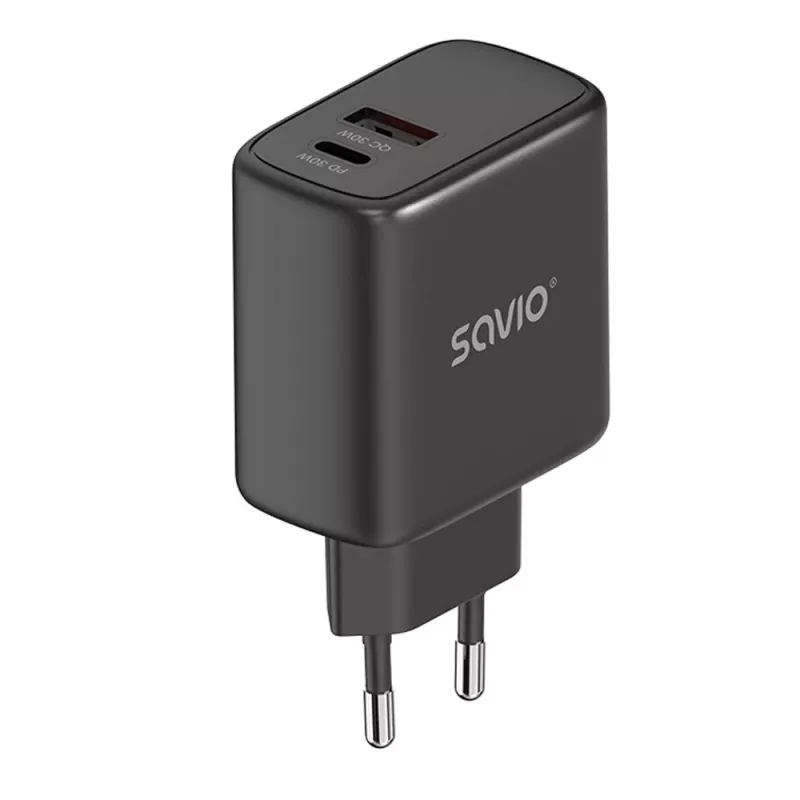 SAVIO LA-06/B 30 W sienas uzlādes ierīce, USB-A + USB-C, Quick Charge, Power Delivery 3.0, melna