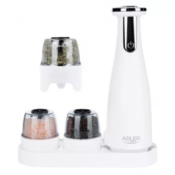 Sāls un piparu dzirnaviņu komplekts Adler AD 4449W Steel White, keramikas dzirnakmens, 150 ml, USB-C uzlāde