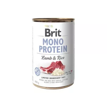Brit MONO PROTEIN Jēra gaļa ar rīsiem 400 g — konservi pieaugušiem suņiem, viena proteīna avots, bez konservantiem