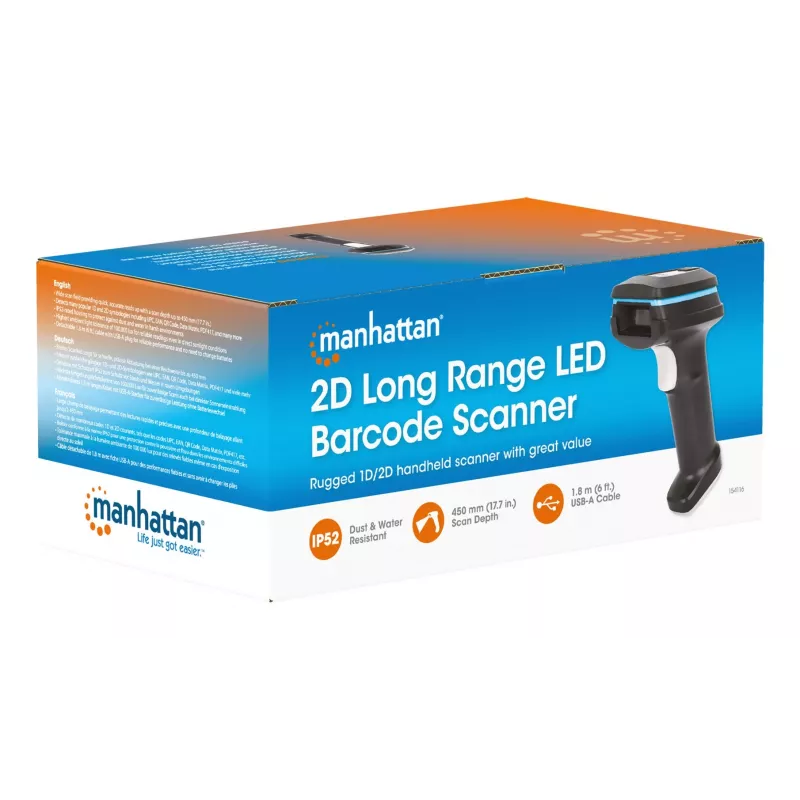 Manhattan 2D tāldarbības LED svītrkodu skeneris, USB, 450 mm skenēšanas dziļums, līdz 100 000 luksu apgaismojums, melns, 3 gadu garantija