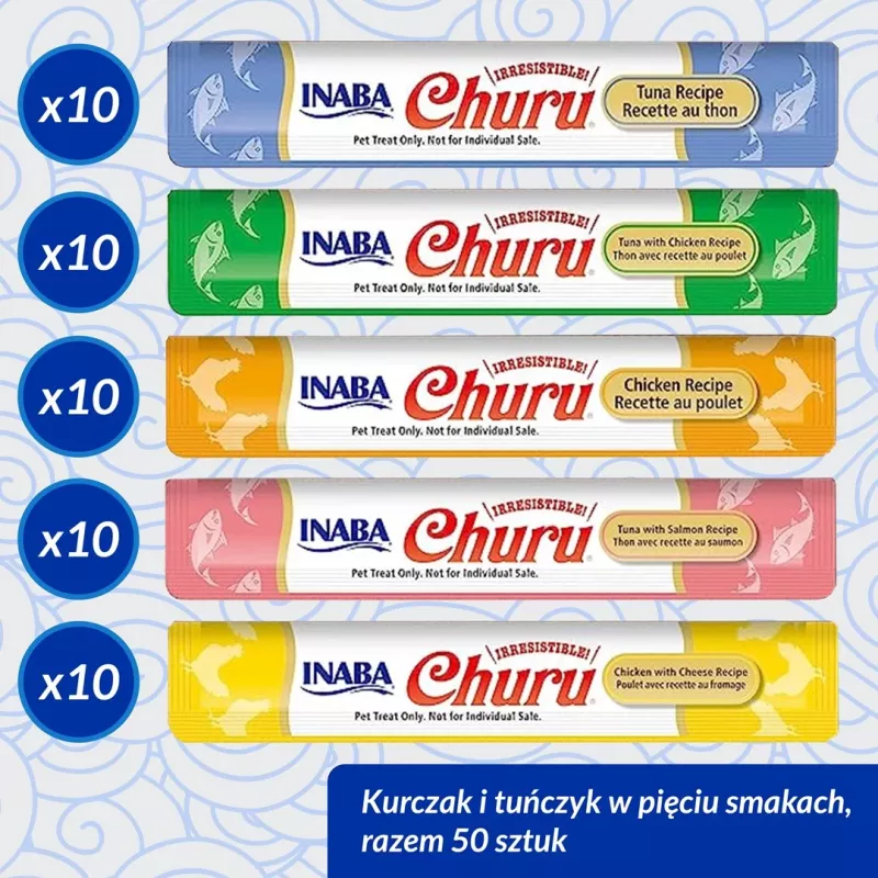 Slapjie kaķu gardumi INABA Churu Varieties – Vistas un tuncis, 50 x 14 g pastas tūbiņas, bezgraudu, bez lipekļa un bez cukura