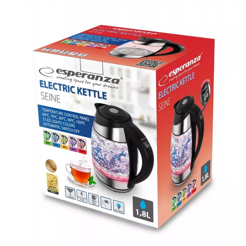 Esperanza EKK026 elektriskā tējkanna 1.7 L 2200 W Melna, Caurspīdīga