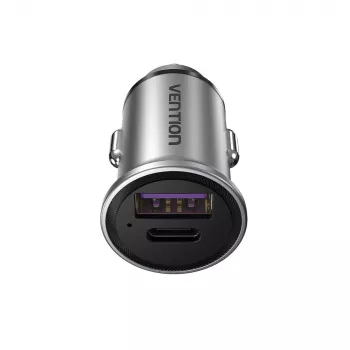 Vention divu portu USB A+A (30+30) auto lādētājs pelēks, mini stils, alumīnija sakausējums