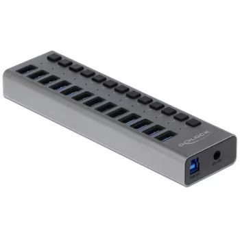 DeLOCK ārējais USB 3.2 Gen 1 centrmezgls ar 13 portiem un slēdžiem, 5 Gbps, alumīnija korpuss, pelēks, 1 m