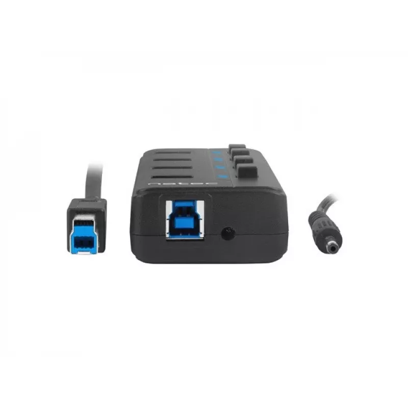 USB centrmezgls NATEC MANTIS USB 2.0 Type-B — 4x USB 3.2 Gen 1 Type-A porti, melns, 0,8 m kabelis, tīkla adapteris, barošanas slēdzis