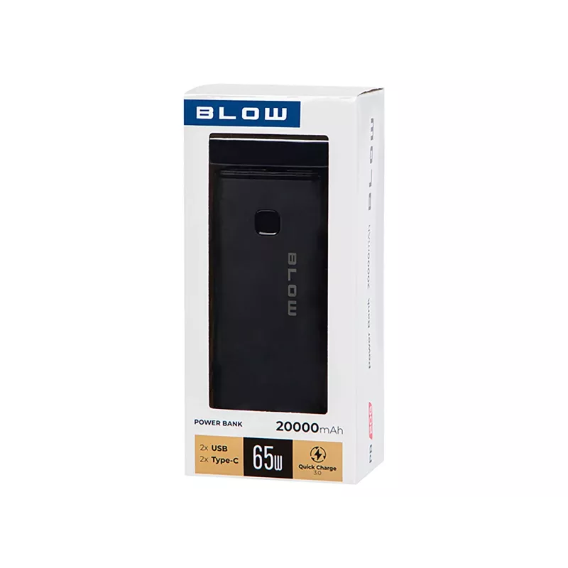 Pārnēsājams jaudas bloks BLOW PB20G 20000mAh PD 65W, USB-C ieeja/izeja, 2x USB-A izejas, melns