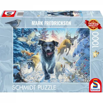 Mark Fredrickson: dog love - melns labradors sniegā, Puzle 1000 gabali