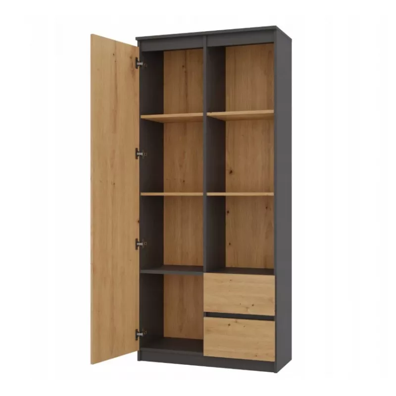Top e Shop RS-80 BILY biroja grāmatplaukts, antracīta rāmis, ozolkoka durvis, 7 plaukti, 2 atvilktnes, 1800×800×350 mm