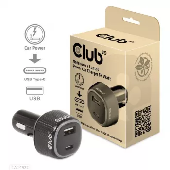 CLUB3D Auto lādētājs klēpjdatoram 63W, cigarešu šķiltavas, 24V, melns