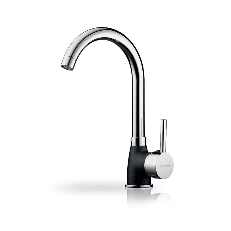 Virtuves maisītājs PYRAMIS Bello Duo — granīta korpuss, hromēta galva, vienas sviras, rotējošs C veida snīpis, 30 cm augstums, 220 mm snīpja sasniedzamība
