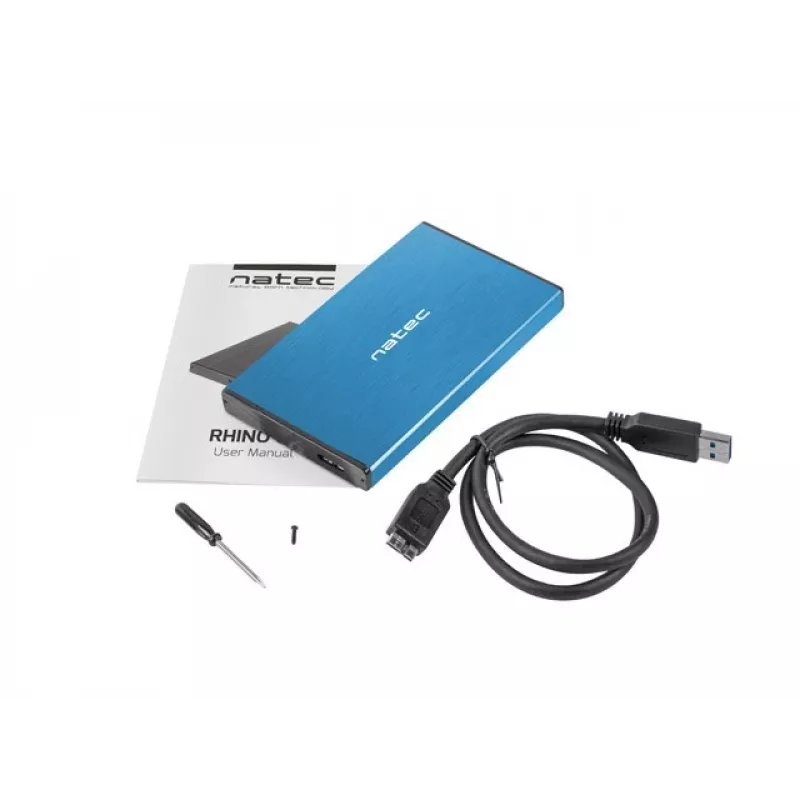 Ārējais HDD/SSD korpuss NATEC Rhino GO 2.5 collas — USB 3.0, SATA III, līdz 4 TB, 9.5 mm, alumīnijs, zils