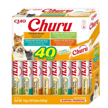 Kaķu gardumi INABA Churu Variety Box — vistas pastas kārumi, 40 × 14 g, bezgraudu, bez lipekļa un sojas