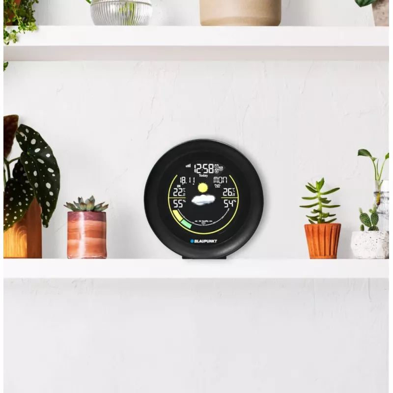 Laika stacija BLAUPUNKT WS35BK APP — LCD displejs, temperatūra un mitrums, modinātājs, kalendārs, lietotnes savienojums, 94×94×27 mm
