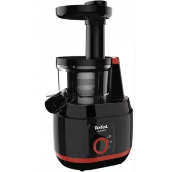 Lēns sulu spiede Tefal Juiceo ZC150 — 150 W, 4,5 cm padeves atvere, 0,8 L sulas un mīkstuma tvertnes, 80 RPM, Melns/Sarkans